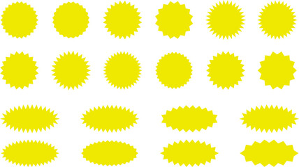Starburst Yellow Sticker Set - collection of special offer sale oval and round shaped sunburst labels and badges. Promo stickers with star edges. Vector.