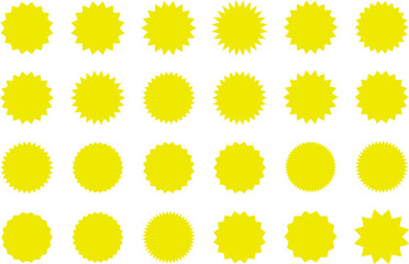 Starburst Yellow Sticker Set - collection of special offer sale oval and round shaped sunburst labels and badges. Promo stickers with star edges. Vector.