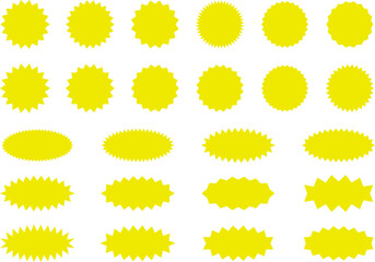 Starburst Yellow Sticker Set - collection of special offer sale oval and round shaped sunburst labels and badges. Promo stickers with star edges. Vector.