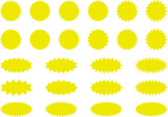 Starburst Yellow Sticker Set - collection of special offer sale oval and round shaped sunburst labels and badges. Promo stickers with star edges. Vector.