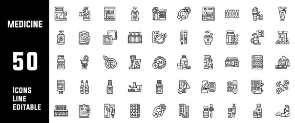 50 Medicine Icons Set Line Editable Vector Illustration