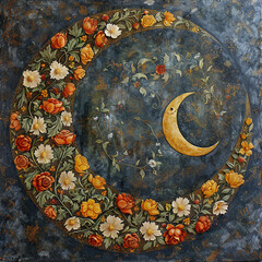 Painting of crescent moon and flower background. Beautiful crescent moon picture with flowers elements background