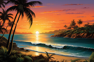 a sunset over a beach - obrazy, fototapety, plakaty