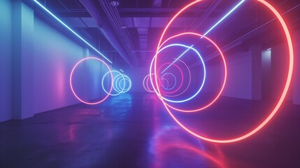 Interlocking circles of neon light suspended in a serene void, emanating a calming and contemplative energy.