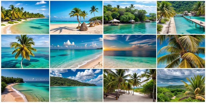 set of beautiful tropical beach with palm trees, thailand, travel and vacation concept collage of pictures of the beach and sea abstract background with waves and sea.