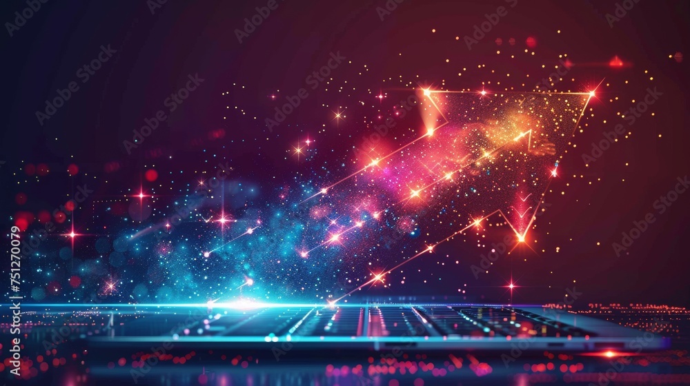 Poster  arrow up on laptop showing financial growth in the form of a starry sky, consisting of points, lines, and shapes in the form of planets, stars, and the universe.