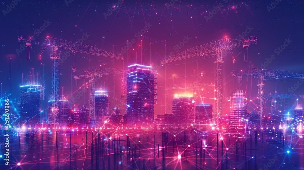 Poster Low Poly wireframe digital illustration of a construction site with a lot of tower cranes. Polygons, lines, particles, and connected dots. Horizontal banner template.