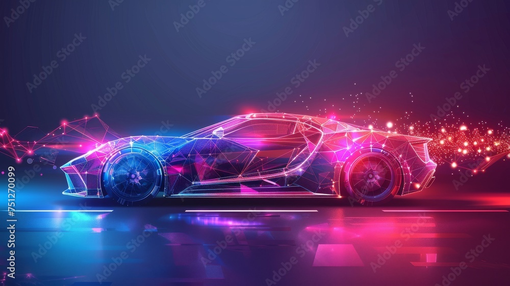 Poster the sport car is on an abstract background with polygons. low polygonal space with connecting dots. 