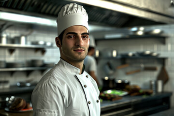 portrait of a handsome male cook in uniform against the background of a restaurant kitchen