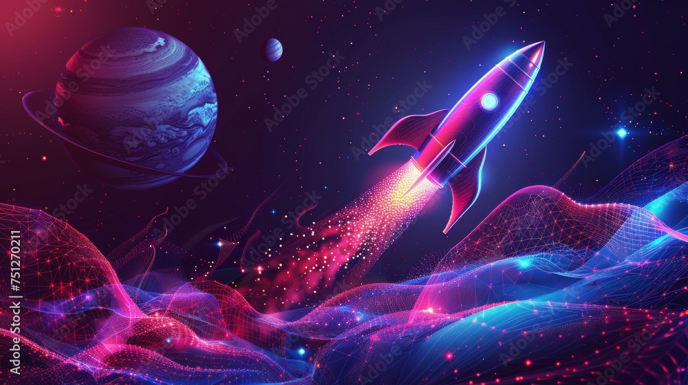 Poster isolated illustration of an abstract rocket flying with planets in space. low poly style design. abs