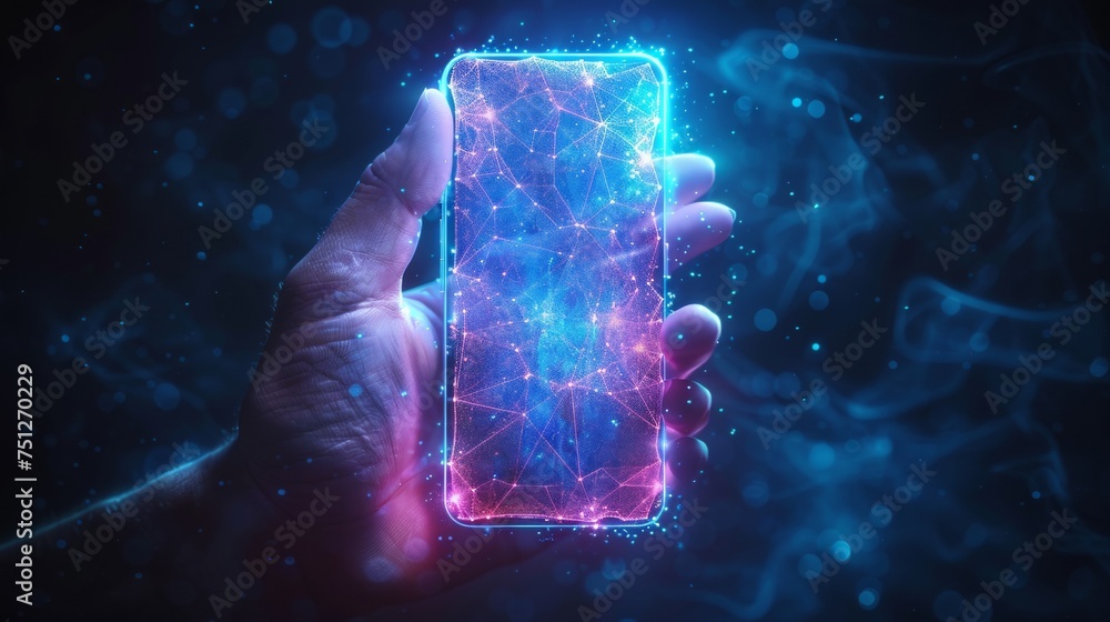 Aufkleber Low poly style design with geometric background and wireframe light connection structure on white blank screen. Abstract hand holding mobile phone with white empty screen. Isolated