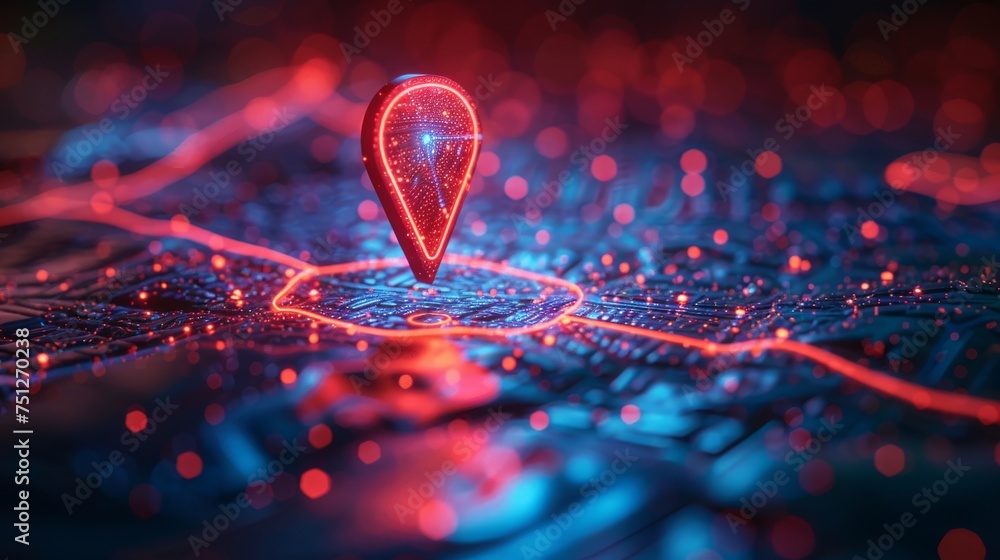 Aufkleber Pin icon on an abstract map designed in a technology style. Geometric background. Wireframe light connection. Conceptual 3D graphic.  illustration.