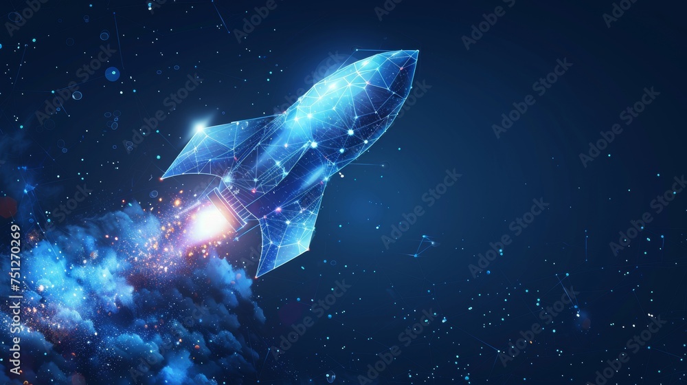 Poster Blue glowing light bulb rocket launch. Low poly style design. Abstract geometric background. Wireframe connection structure for light. Modern 3D concept. Isolated  illustration.