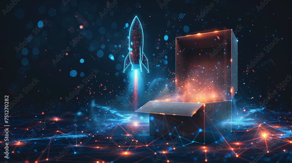 Poster open box and rocket launch. think outside of the box. wireframe light connection structure. modern 3