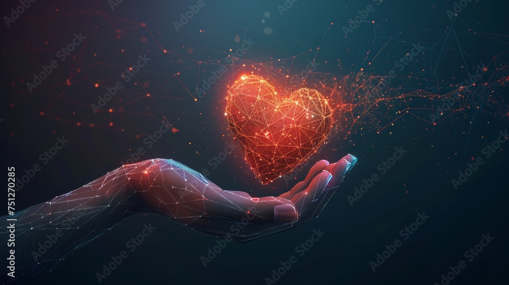 Leinwandbilder The abstract giving hand with a read heart. It is positioned on an abstract geometric background. A wireframe light connection structure. Modern 3D graphic concept. An isolated  illustration.