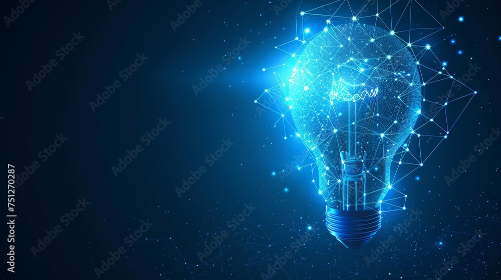 Aufkleber The blue glowing light bulb is an abstract design. A low poly style design is shown against an abstract geometric background. A wireframe light connection structure is seen in the background. The