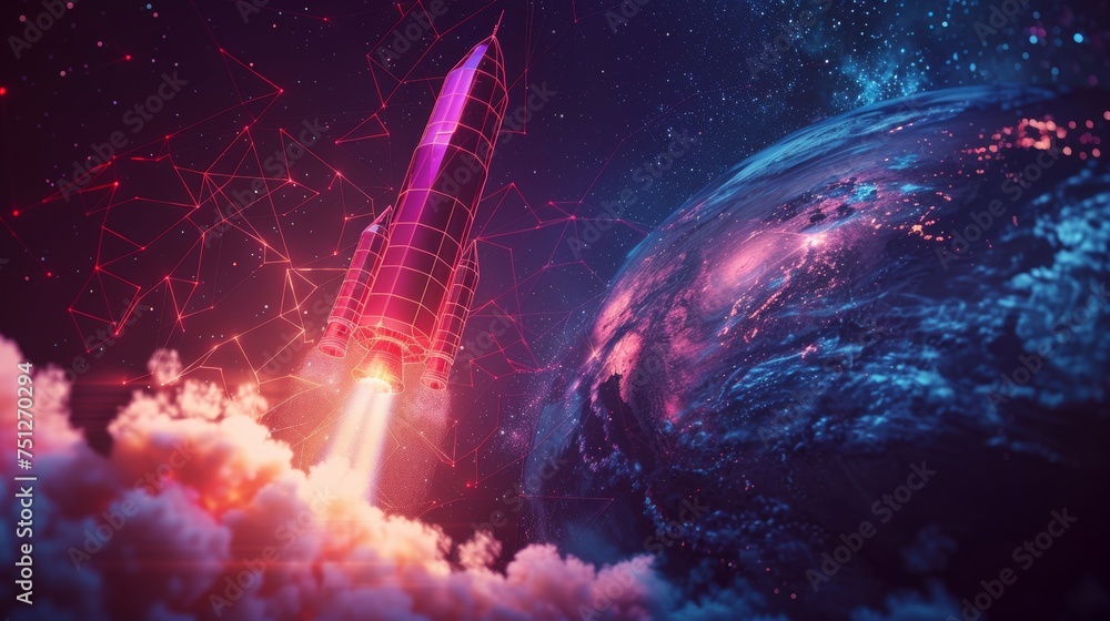 Poster abstract geometric background with abstract geometric launch of the rocket from the earth. wireframe