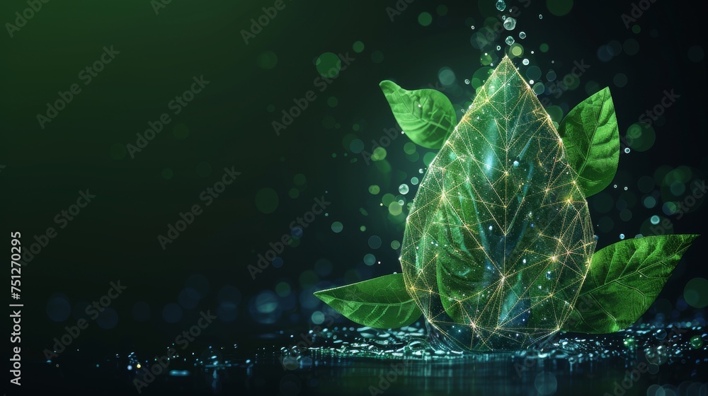 Fototapete the drop of water has green leaves inside. low poly style design. abstract geometric background. wir
