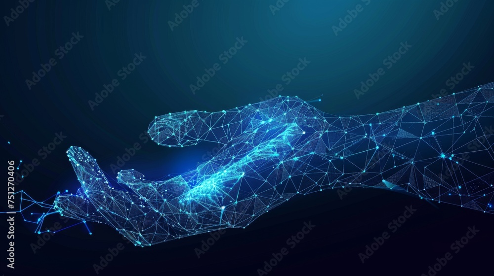 Poster A hand giving an abstract gesture. A blue geometric background is provided by wireframe light connections. A modern 3D graphic concept is portrayed through isolated vectors.