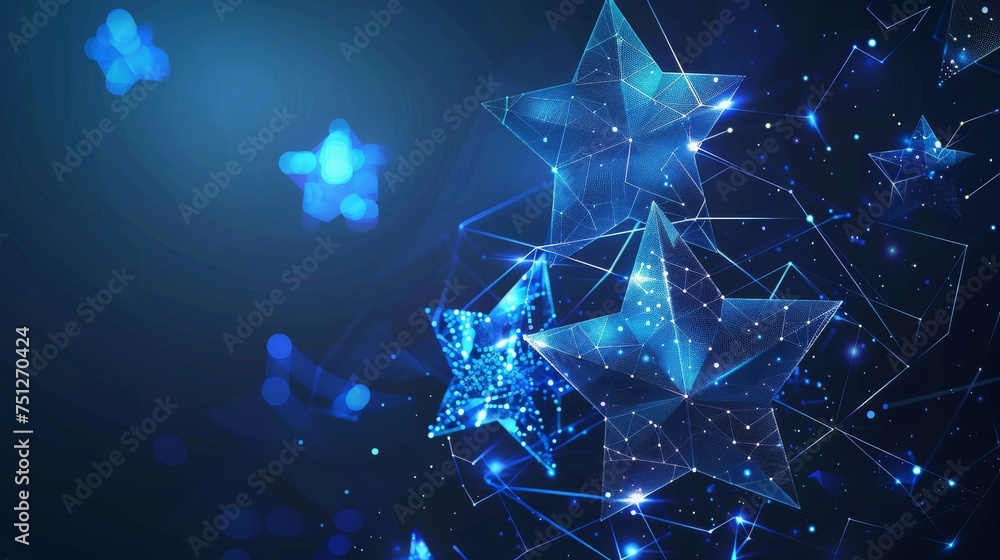 Poster The rating is 5 stars. Abstract blue stars. Low poly style design. Abstract geometric background. Wireframe light connections. Modern 3D graphic concept. Isolated  illustration.