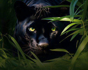 Black panther with green eyes in the grass on a dark background
