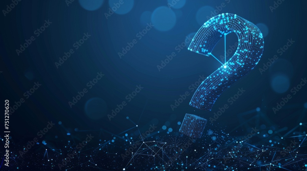 Poster Ask symbol. 3d abstract  on dark blue background with dots and stars. Problem solution, support, faq, education, confusion illustration.