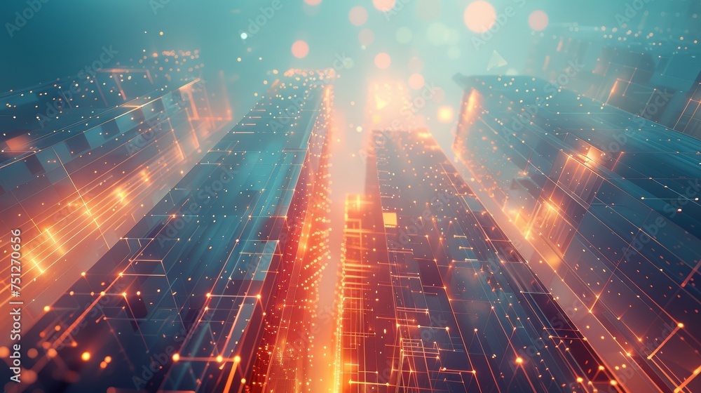 Poster skyscrapers in abstract digital format with polygons lines, particles, and connected dots. business 