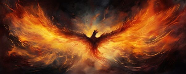 Rising Phoenix in flames. Abstract bird flying from the fire and ashes - obrazy, fototapety, plakaty