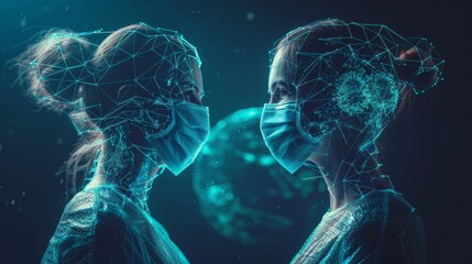 An elderly man and woman looking at each other while wearing surgical masks on a world or planet background. Viral  illustration created with low poly wireframes. Pandemic or epidemic concept. - obrazy, fototapety, plakaty