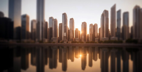 Sunset in a modern city scene. Defocused image of a cityscape skyline, the sunlight between a row of tall buildings, towers, skyscrapers reflecting on the road. Wide scale panoramic image.