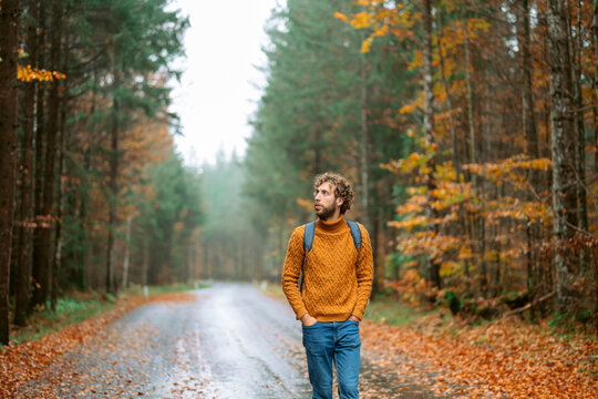 Man walking in the forest in autumn after the rain 