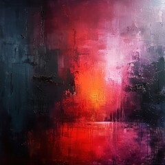 An abstract art piece, with layers of red over a dark base, exudes a deep and intense emotion. Spotlighting creates stark contrast and depth in this captivating painting