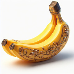 Ripe yellow banana with golden decorative ornament on a white background.