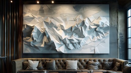 Intricate origami-inspired paper art creating depth on a cozy lounge wall