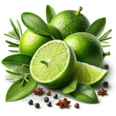 Lime with green leaves and spices isolated on white background.