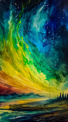 The beautiful illumination of an aurora, depicted in a watercolor landscape style, mobile phone wallpaper