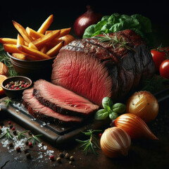 Roast beef with french fries and vegetables on a dark background.