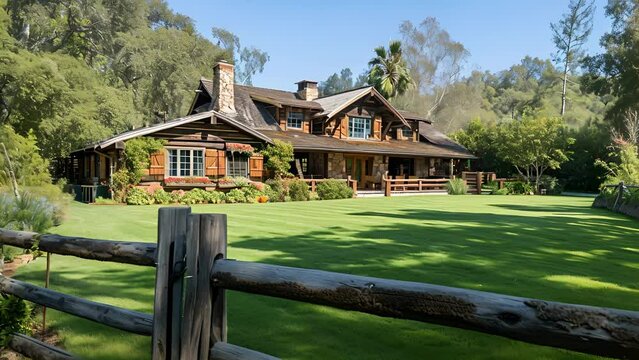 This rustic retreat boasts a traditional wooden fence and sprawling front lawn perfect for playing catch or lounging in the sun on a lazy Sunday afternoon.