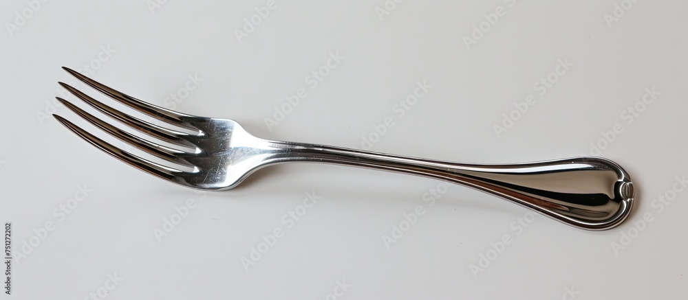 Poster a small silver fork with two prongs is placed on a clean, white surface. the intricate details of th