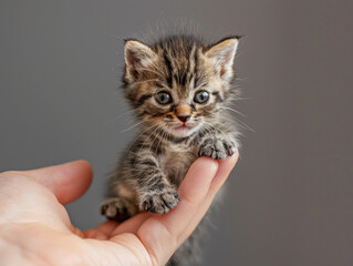 Tiny gray kitten sits on fingertips and looks aside in surprise