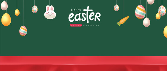 Happy easter banner background with red tablecloth product display hanging easter eggs different ornaments and copy space