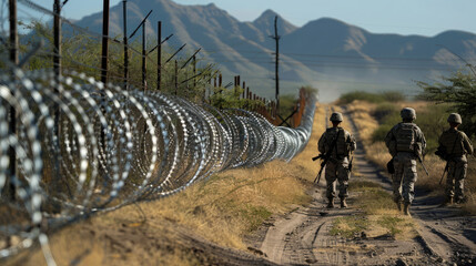 Military and border guards with weapons stand along the border with barbed wire, guarding the border from illegal immigrants. Texas and Mexico Emigration Crisis - obrazy, fototapety, plakaty