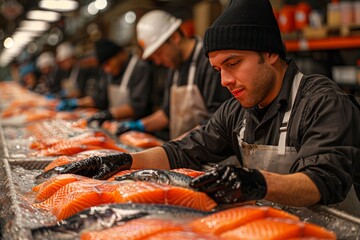 People on the line for the production of fresh salmon fillets - obrazy, fototapety, plakaty