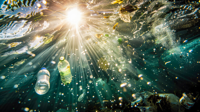 Bootles, PETs, plastics, trash under the ocean sea water; recycle