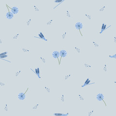 seamless pattern with flowers and dragonfly on the light blue background