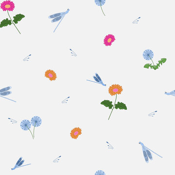 Seamless pattern. Summer flowers and dragonfly on the light grey background