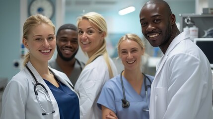 A diverse medical team from around the world working together in a hospital setting.