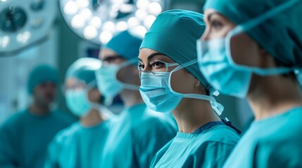 Diverse surgical team in operating room, different roles, specialties, and cultural backgrounds, collaborative and precise nature of surgical procedures.