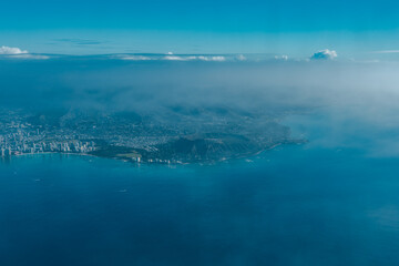 Waikiki and Diamond Head, Oahu Hawaii. Aerial photography of Honolulu to Kahului from the plane.	
