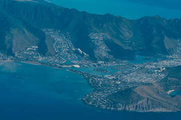 Hawaii Kai and Hanauma bay. Oahu Hawaii. Aerial photography of Honolulu to Kahului from the plane.	
